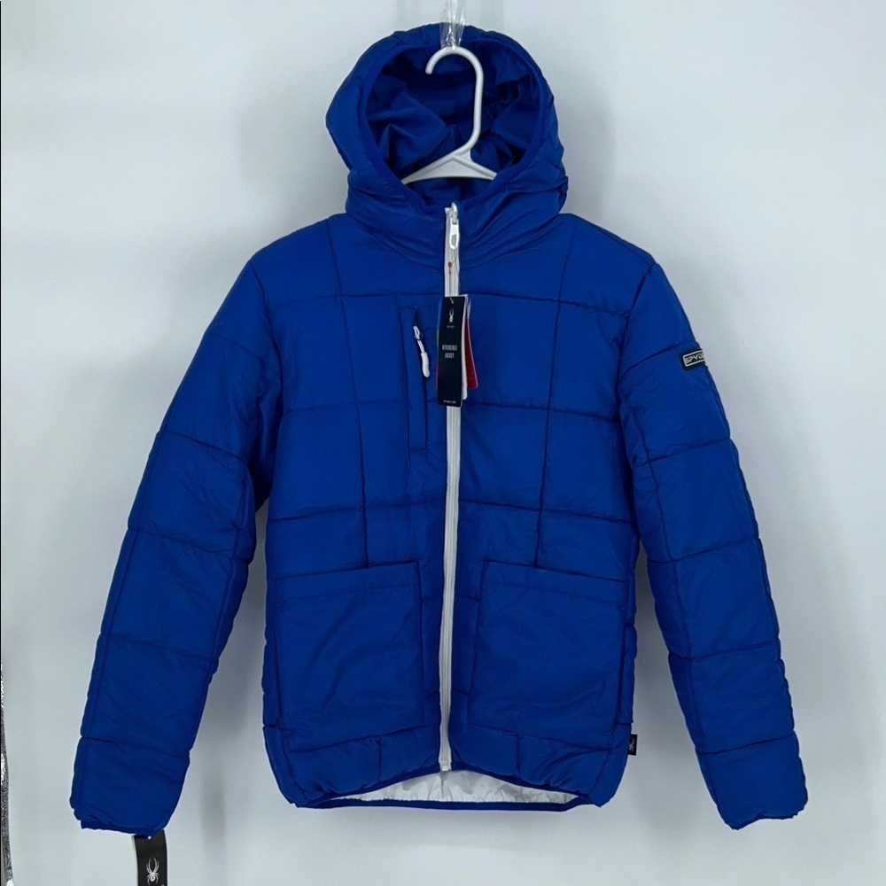 New Spyder Big Boys Reversible Puffer Jacket Blue Hooded Size L 14 16 - Picture 3 of 12